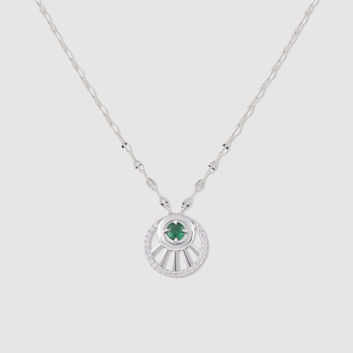 Kiara 925 Silver Green Stone Sunburst Pendant with Chain